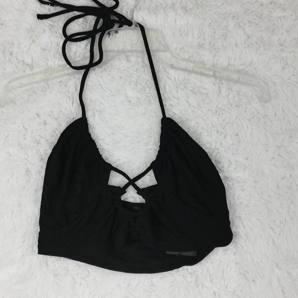 BY DYLN Womens Silo Crop Top Black Ribbed Crossover Halter Spaghetti Strap L New - Picture 2 of 9